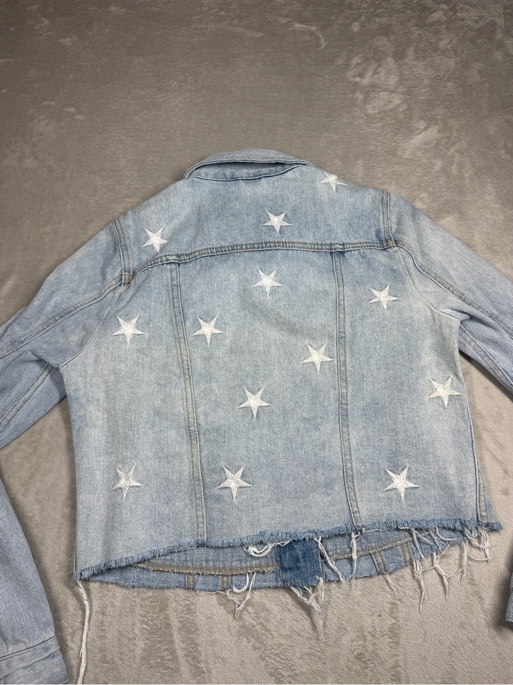 Pistola Brando Embroidered Star Distressed Cut Off Denim Blue Jean Jacket Small - Picture 12 of 15